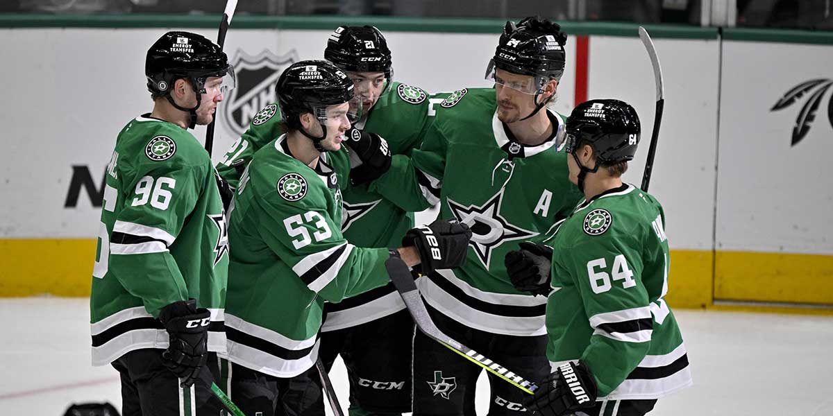 Dallas Stars right wing Mikko Rantanen (96) and center Wyatt Johnston (53) and left wing Jason Robertson (21) and center Roope Hintz (24) and center Mikael Granlund (64) celebrates a power play goal scored by Robertson against the Utah Hockey Club during the first period at the American Airlines Center.