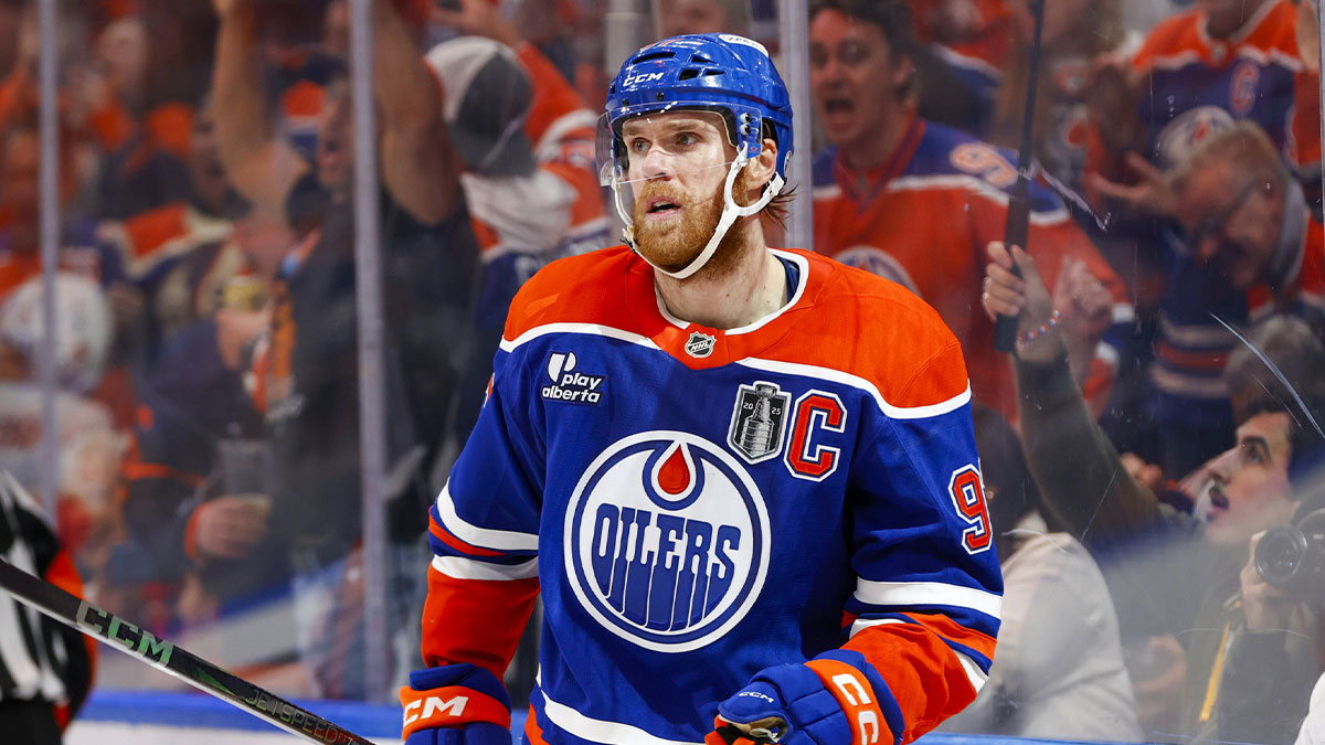Edmonton Oilers center Connor McDavid (97) celebrates scoring during the third period against the Florida Panthers in game five of the 2025 Stanley Cup Final at Rogers Place.
