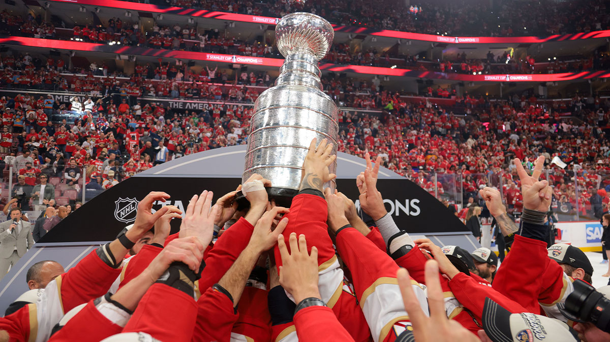 The Florida Panthers hoist the Stanley Cup after winning game six of the 2025 Stanley Cup Final against the Edmonton Oilers at Amerant Bank Arena.