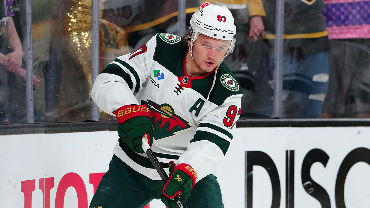 Minnesota Wild left wing Kirill Kaprizov (97) warms up before the start of game five of the first round of the 2025 Stanley Cup Playoffs against the Vegas Golden Knights at T-Mobile Arena.