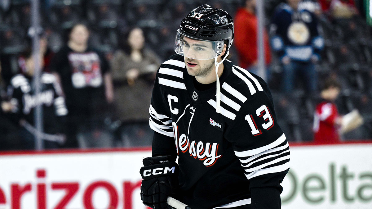 New Jersey Devils center Nico Hischier (13) warms up prior to a game against the Pittsburgh Penguins at Prudential Center.