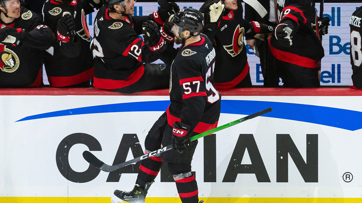 Ottawa Senators left wing David Perron (57) celebrates with team his goal scored in game six of the first round of the 2025 Stanley Cup Playoffs against the Toronto Maple Leafs at Canadian Tire Centre.