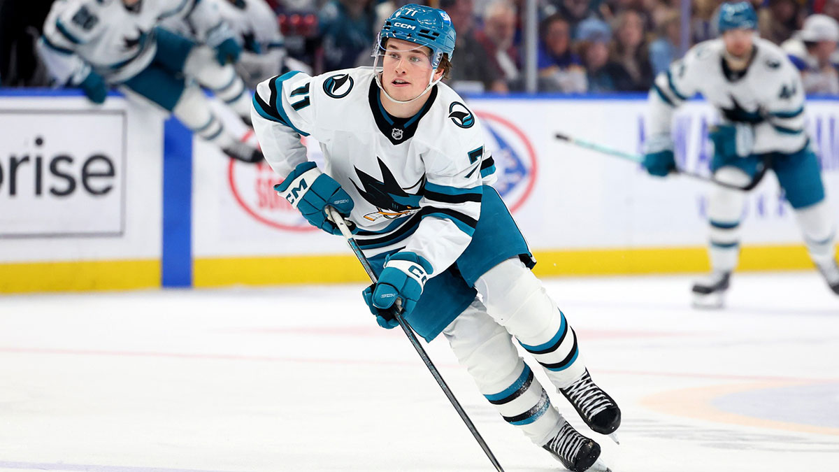 San Jose Sharks center Macklin Celebrini (71) carries the puck up ice during the third period against the Buffalo Sabres at KeyBank Center.
