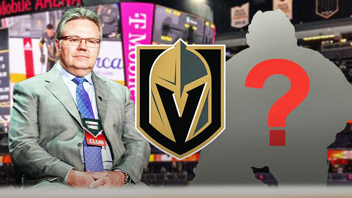 IMAGE: Vegas Golden Knights logo in center, Vegas Golden Knights GM Kelly McCrimmon on left side, blank player silhouette with question marks on right side, T-Mobile Arena (home arena of the Las Vegas Golden Knights) in background
