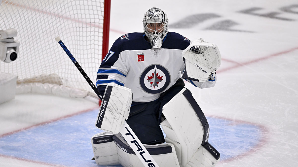 Winnipeg Jets goaltender Connor Hellebuyck (37) faces the Dallas Stars attack during the first period in game six of the second round of the 2025 Stanley Cup Playoffs at American Airlines Center.