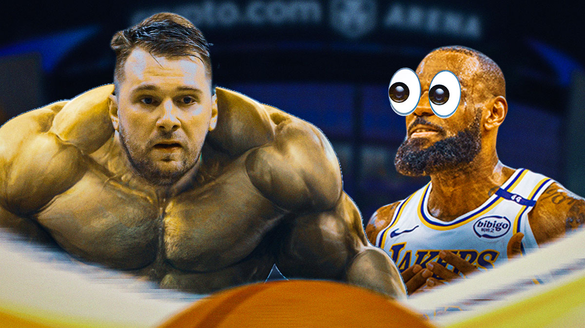 Lakers star Luka Doncic as Hulk in front of Crypto.com Arena with LeBron James looking at him
