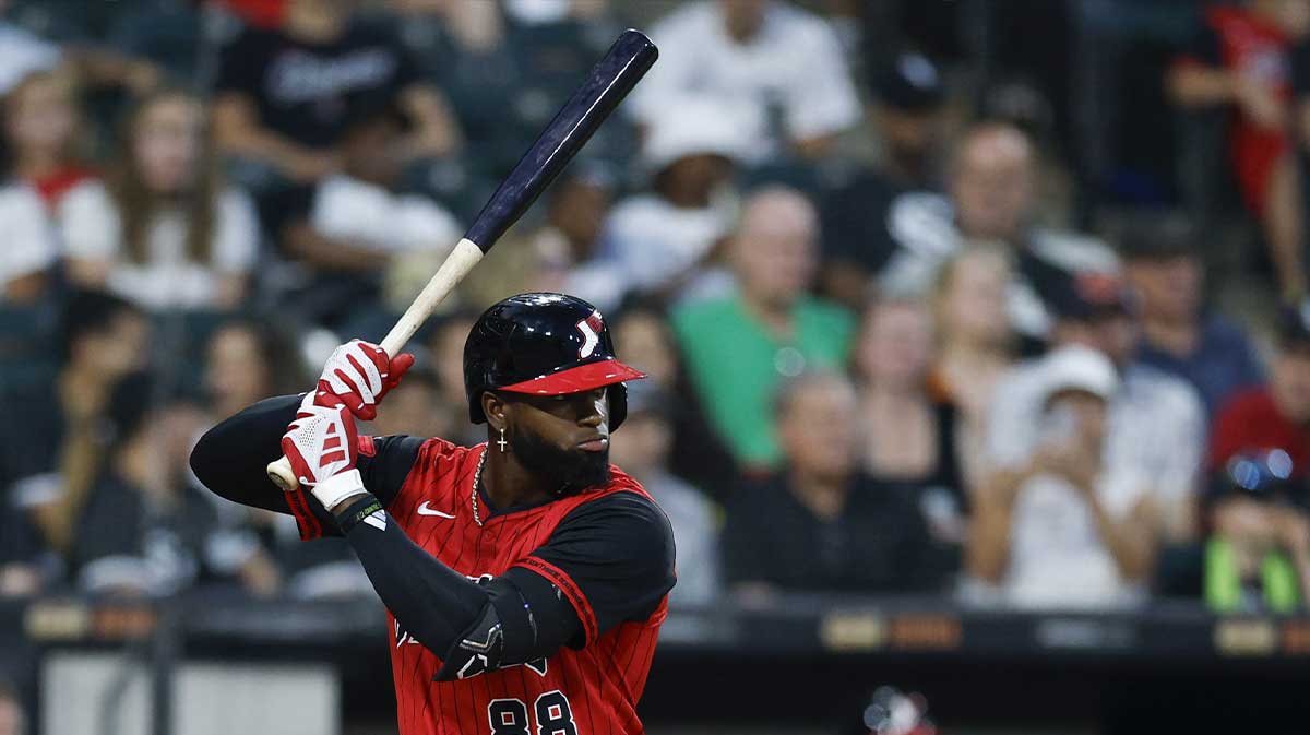 Aug 8, 2025; Chicago, Illinois, USA; Chicago White Sox center fielder Luis Robert Jr. (88) bats against the Cleveland Guardians during the fourth inning at Rate Field. Mandatory Credit: Kamil Krzaczynski-Imagn Images
