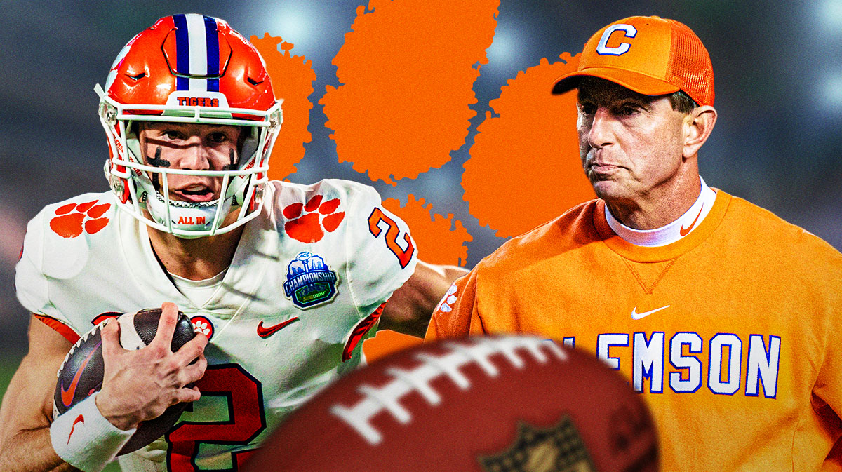 Dabo Swinney and Cade Klubnik with Clemson logo in the background.