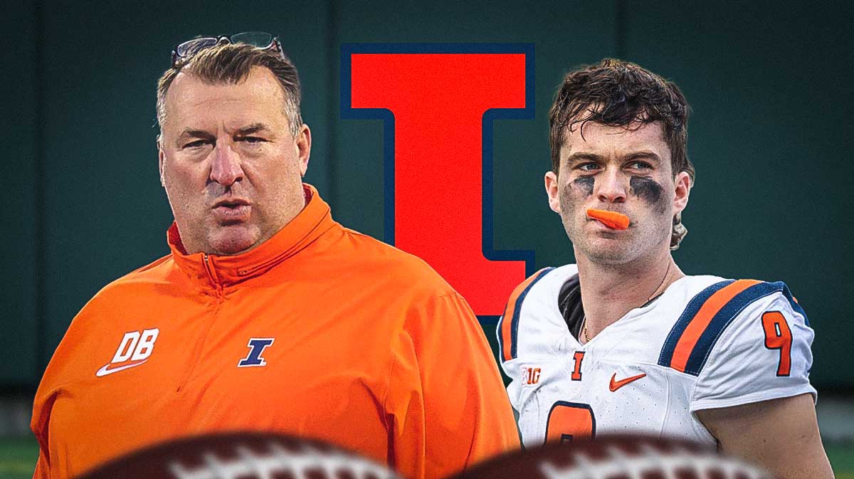 Bret Bielema and Luke Altmyer with the Illinois logo in the background.