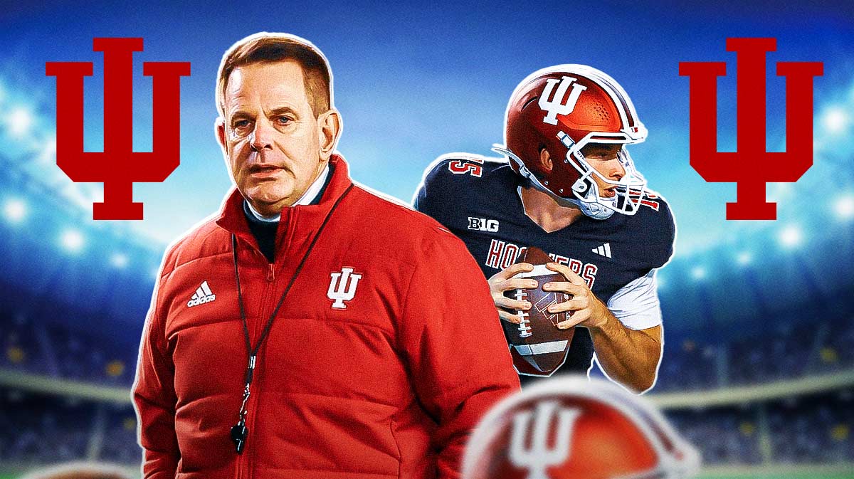 Curt Cignetti and Fernando Mendoza with Indiana logo in the background