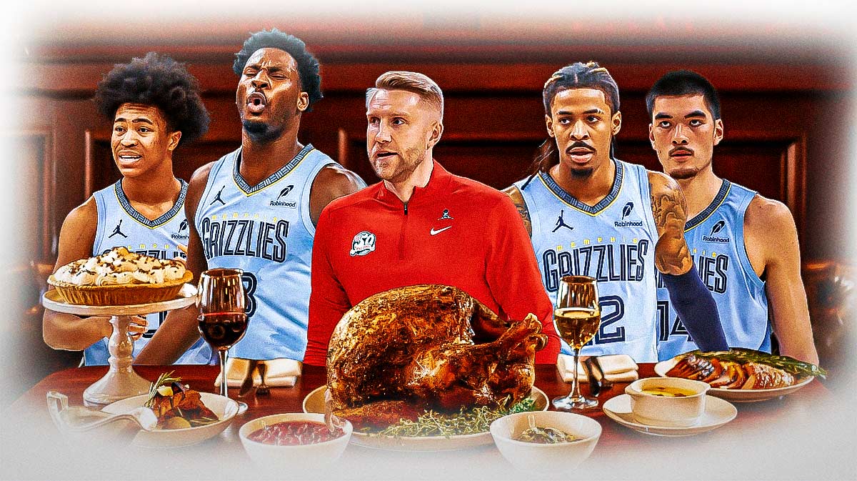 Ja Morant, Jaren Jackson Jr., Tuomas Iisalo, Zach Edey, Jaylen Wells, around a Grizzlies team Thanksgiving Day meal