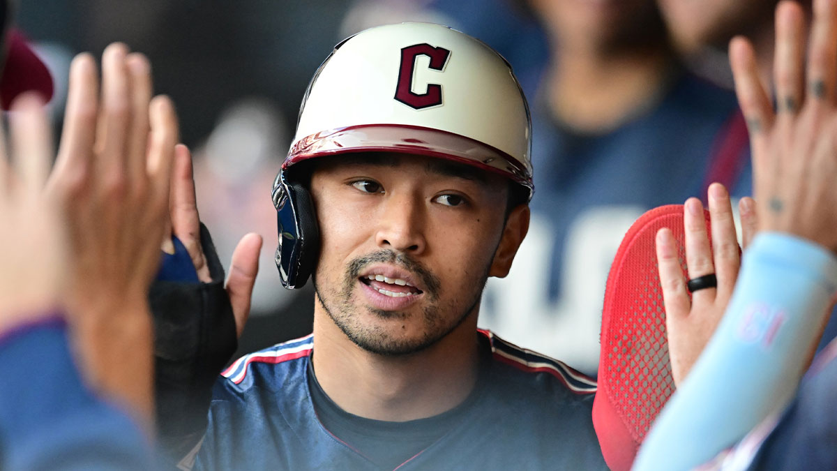 Cleveland Guardians left fielder Steven Kwan (38) celebrates after scoring during the first inning against the Minnesota Twins at Progressive Field.