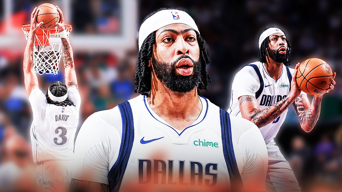 Anthony Davis in a Dallas Mavericks jersey in front, close-up looking serious. In background on left, Mavericks Anthony Davis dunking a basketball. In background on right, Mavericks Anthony Davis shooting a basketball.