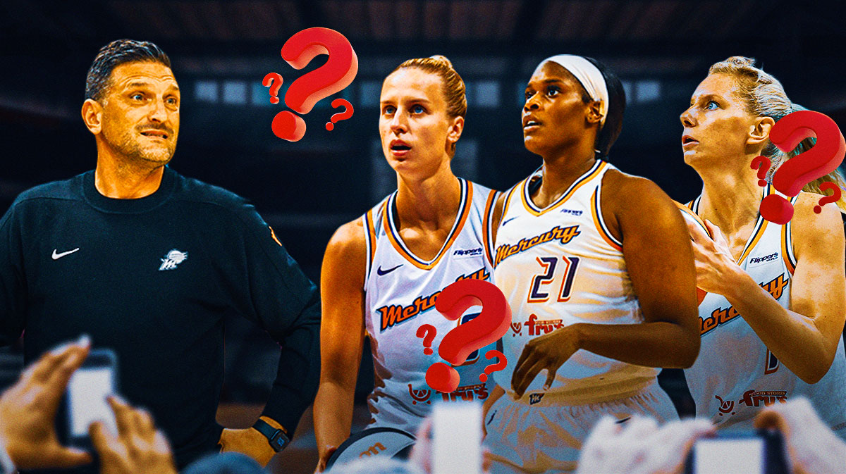 Phoenix Mercury head coach Nate Tibbetts smiling, with Kitija Laksa, Kalani Brown, and Lexi Held all in Mercury jerseys next to him, and the players are looking serious. Next to the players, there are question marks around them.