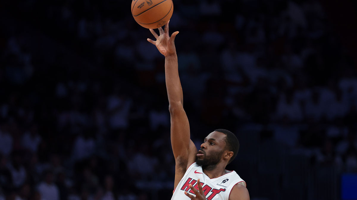 Miami Heat forward Andrew Wiggins (22) shoots the basketball against the Cleveland Cavaliers in the first quarter during game four for the first round of the 2025 NBA Playoffs at Kaseya Center.