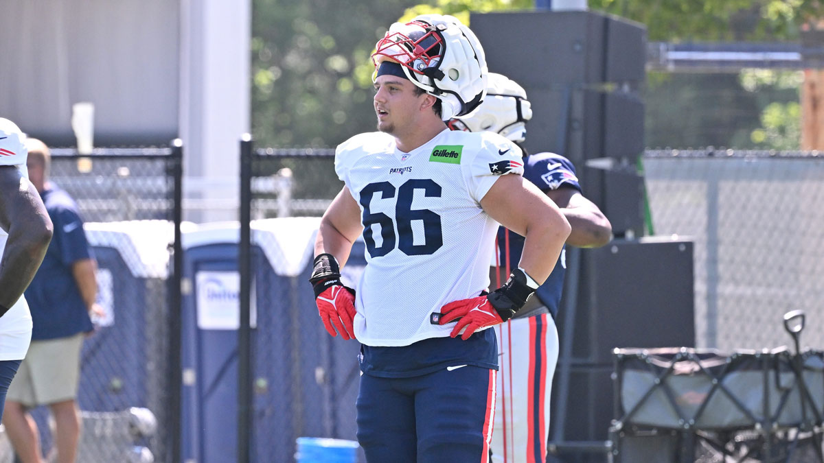 New England Patriots offensive tackle Will Campbell (66) takes a break during warm-ups at training camp at Gillette Stadium.