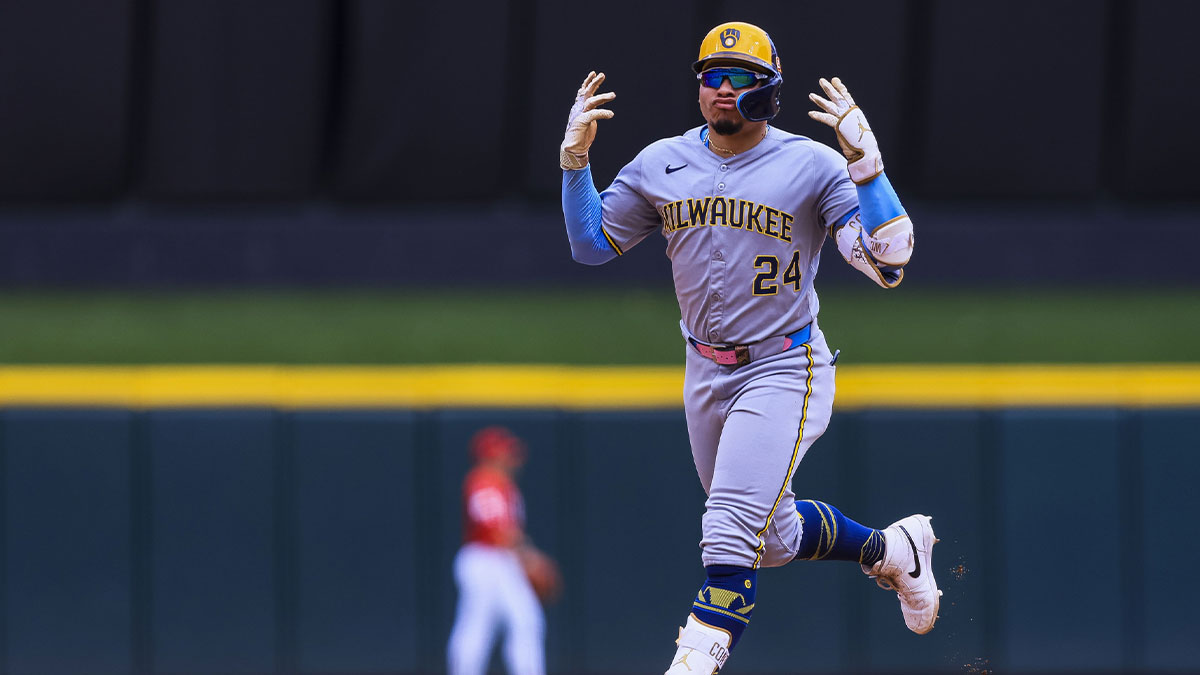 Aug 17, 2025; Cincinnati, Ohio, USA; Milwaukee Brewers designated hitter William Contreras (24) reacts after hitting a two-run home run in the ninth inning against the Cincinnati Reds at Great American Ball Park. 
