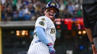 Milwaukee Brewers designated hitter William Contreras (24) reacts after hitting a 2-run home run in the fifth inning against the New York Mets at American Family Field.