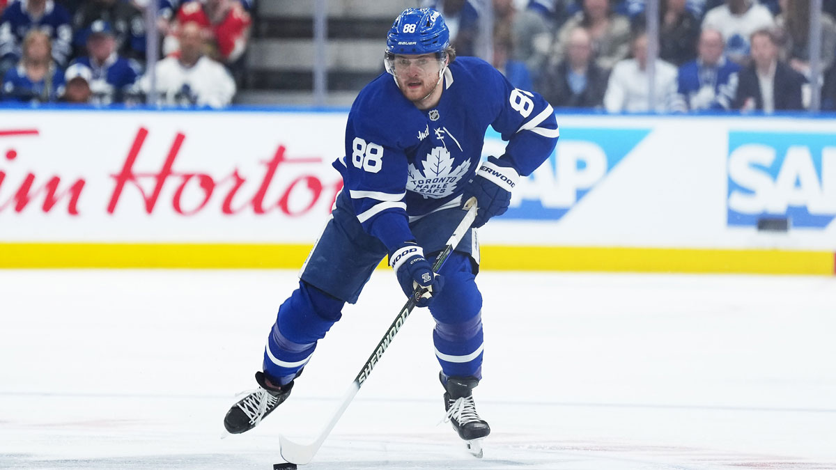 Toronto Maple Leafs right wing William Nylander (88) skates with the puck against the Florida Panthers during the first period in game two of the second round of the 2025 Stanley Cup Playoffs at Scotiabank Arena