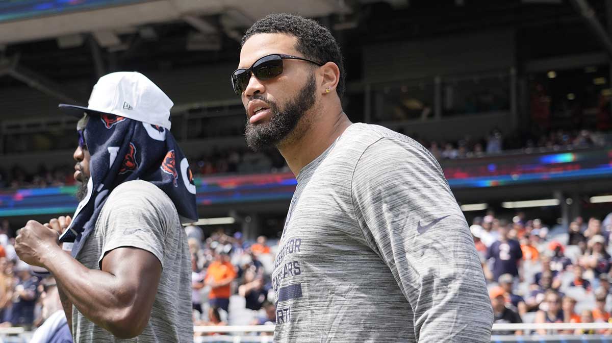 Chicago Bears quarterback Caleb Williams (18) takes the field against the Miami Dolphins at Soldier Field.