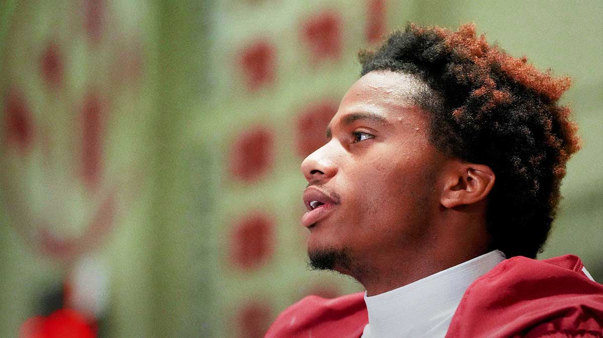 Alabama Crimson Tide players and coaches participate in a media day with reporters and fans at the Hank Crisp Indoor Practice Facility. Wide Receiver Ryan Williams speaks to members of the media.
