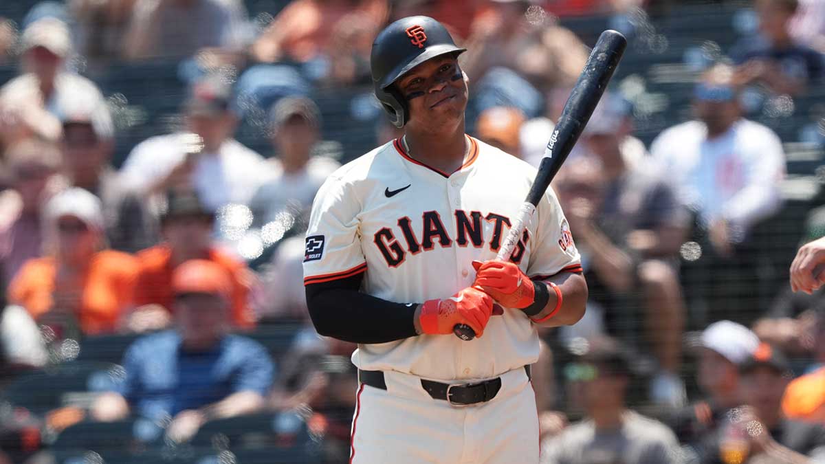 San Francisco Giants first baseman Rafael Devers (16) reacts after a strike call during the third inning against the Washington Nationals at Oracle Park.