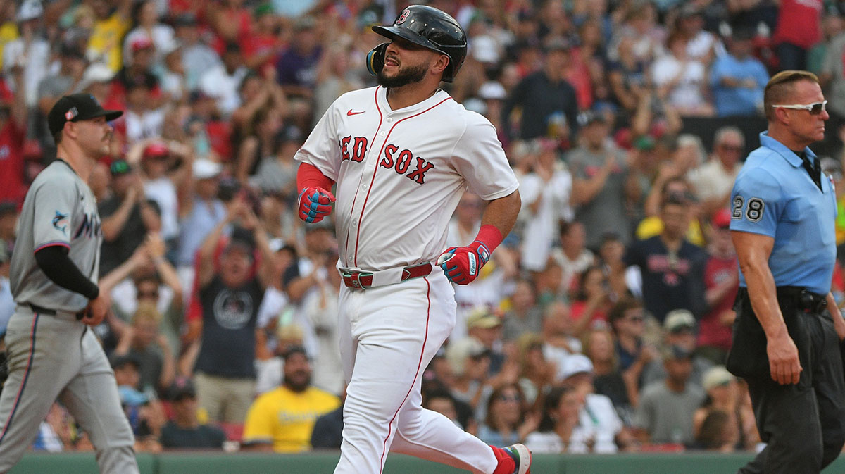 Boston Red Sox right fielder Wilyer Abreu (52) scores a run during the seventh inning against the Miami Marlins at Fenway Park.