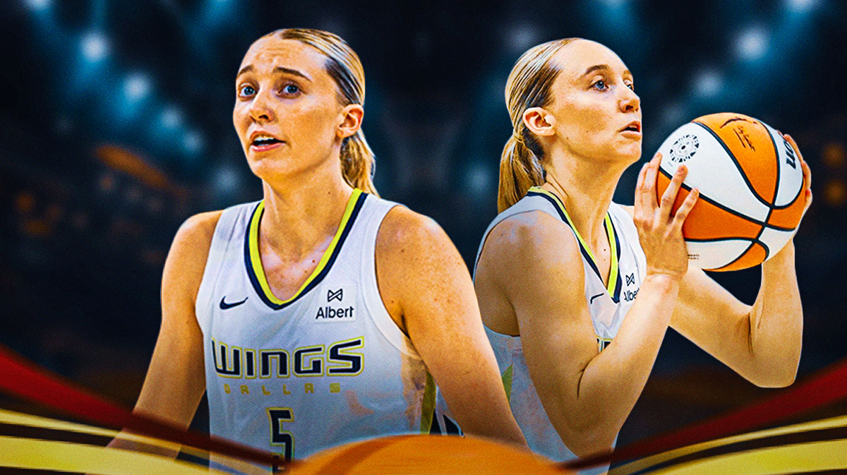Wings Paige Bueckers shooting a basketball on left. Wings Paige Bueckers smiling on right.