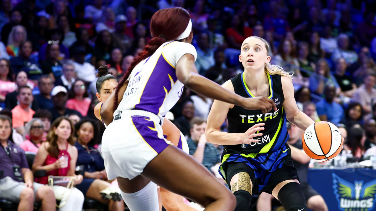 Dallas Wings guard Paige Bueckers (5) looks to shoot as Los Angeles Sparks forward Rickea Jackson (2) defends during the second half at College Park Center.