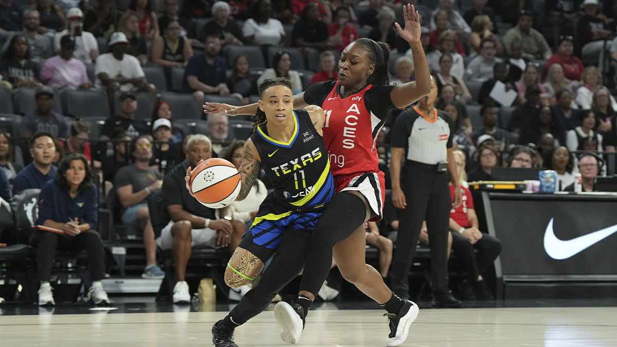 Dallas Wings guard JJ Quinerly (11) controls the ball as Atlanta Dream guard Te-Hina Paopao (2) defends during the first half at College Park Center.