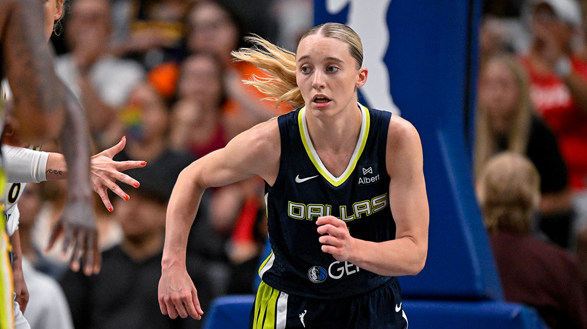 Dallas Wings guard Paige Bueckers (5) in action during the game between the Dallas Wings and the Indiana Fever at the American Airlines Center.