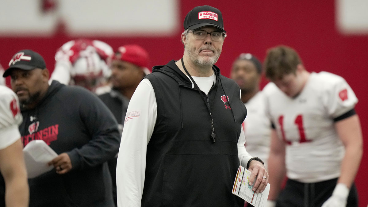 Wisconsin offensive coordinator Jeff Grimes is shown during spring football practice, April 23, 2025 in Madison, Wisconsin.
