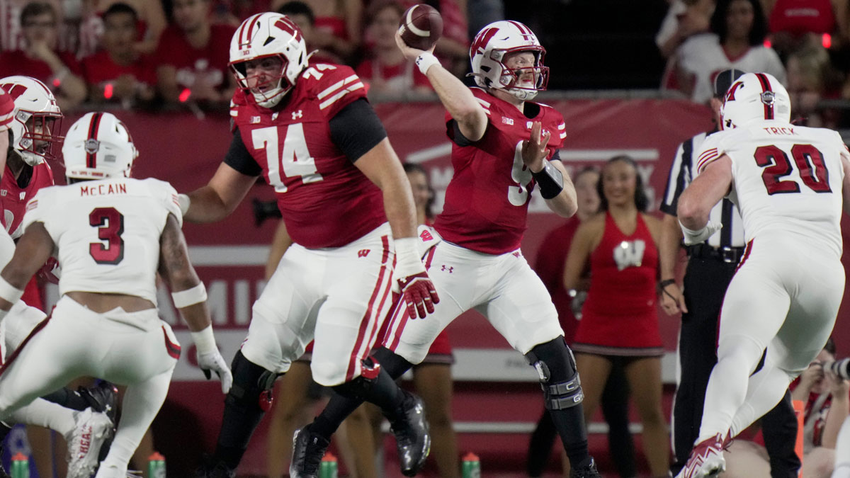 Wisconsin quarterback Billy Edwards Jr. (9) passes the ball during the first quarter of their game against Miami (Ohio) Thursday, August 28, 2025 at Camp Randall Stadium in Madison, Wisconsin.