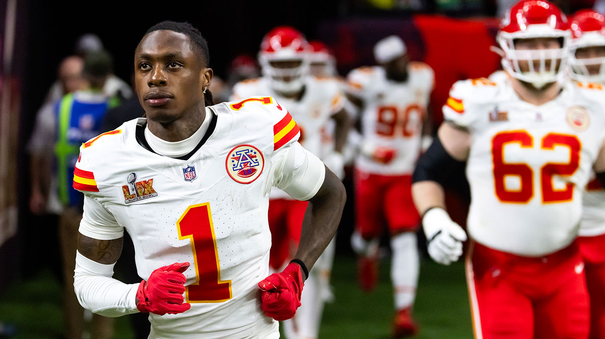 Kansas City Chiefs wide receiver Xavier Worthy (1) against the Philadelphia Eagles in Super Bowl LIX at Ceasars Superdome.