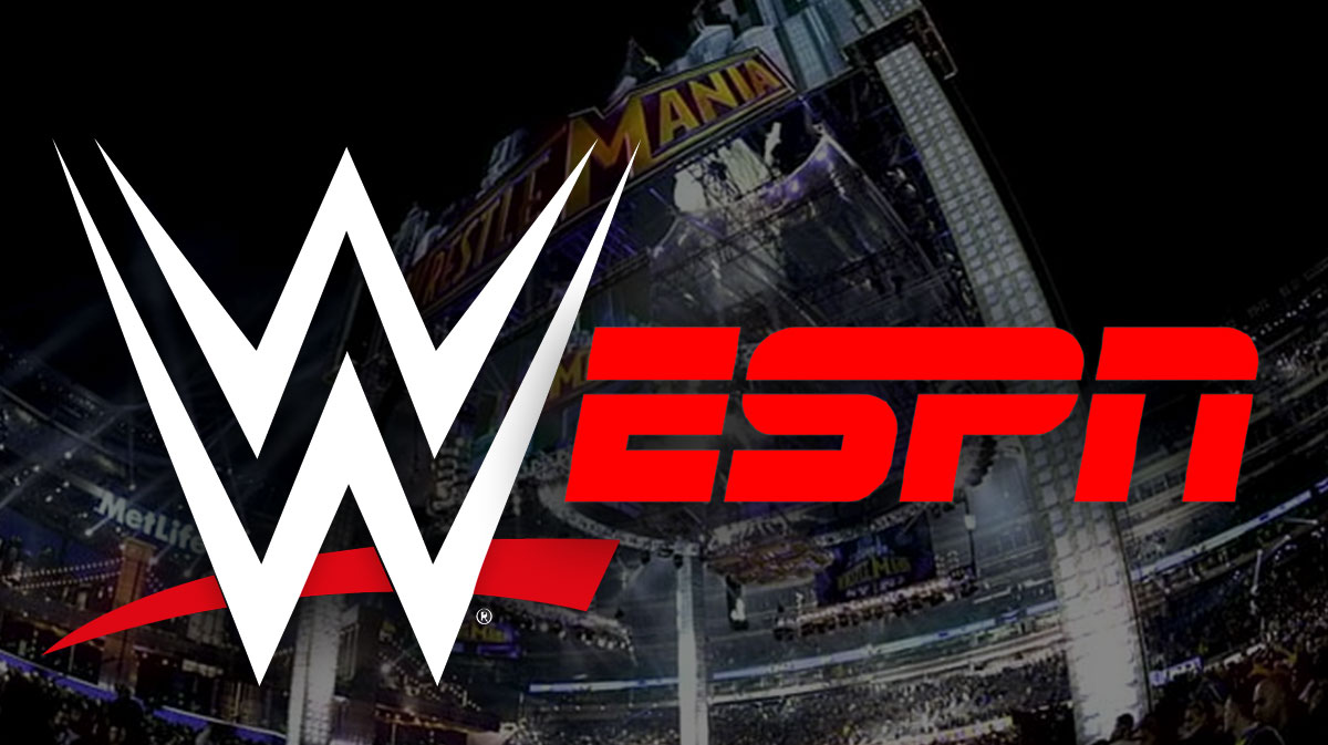 WWE and ESPN logos, as they will partner to bring PLEs like WrestleMania to ESPN+.