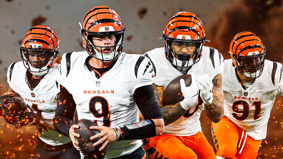 Joe Burrow, Chase Brown, Ja'Marr Chase, Trey Hendrickson all beside each other, Explosions in the background
