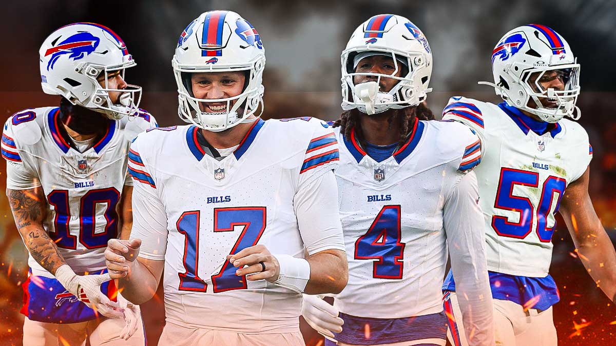 Josh Allen, James Cook, Khalil Shakir, Greg Rousseau all beside each other, Explosions in the background