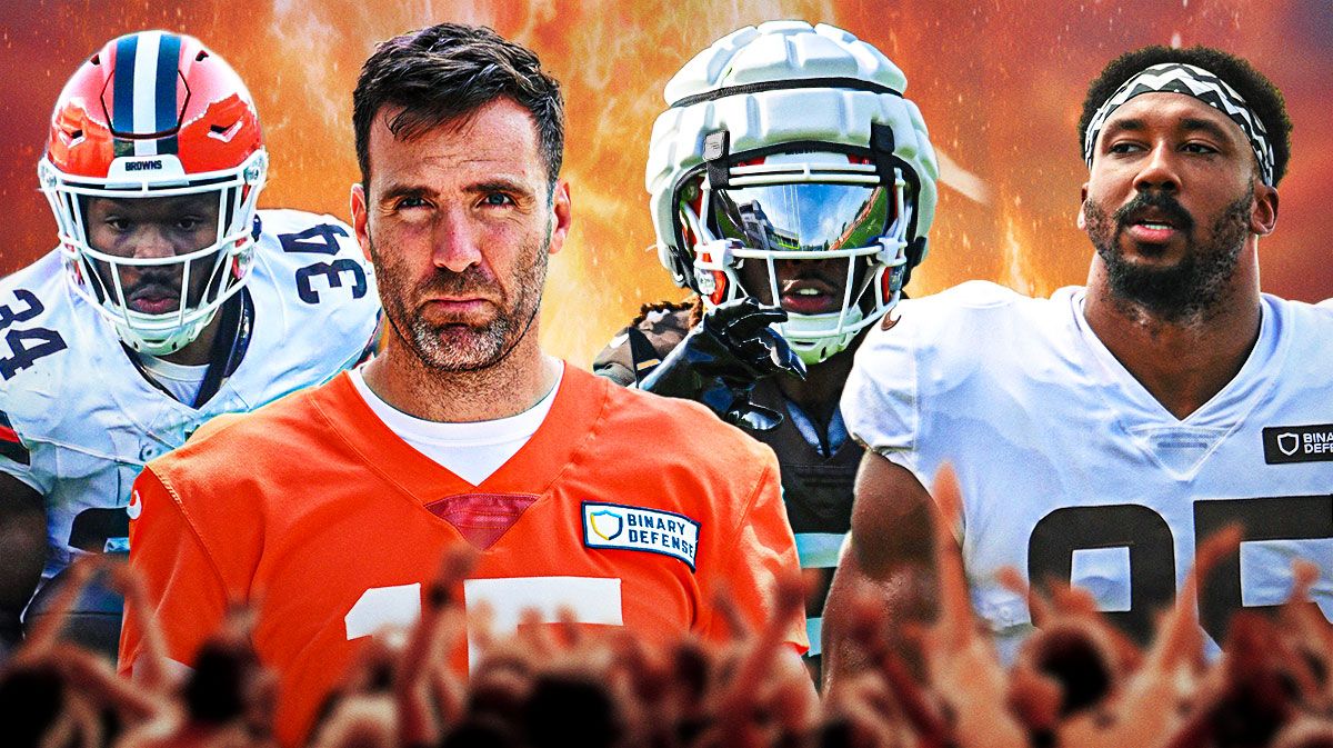 Joe Flacco, Jerome Ford, Jerry Jeudy, Myles Garrett all beside each other, Explosions in the background