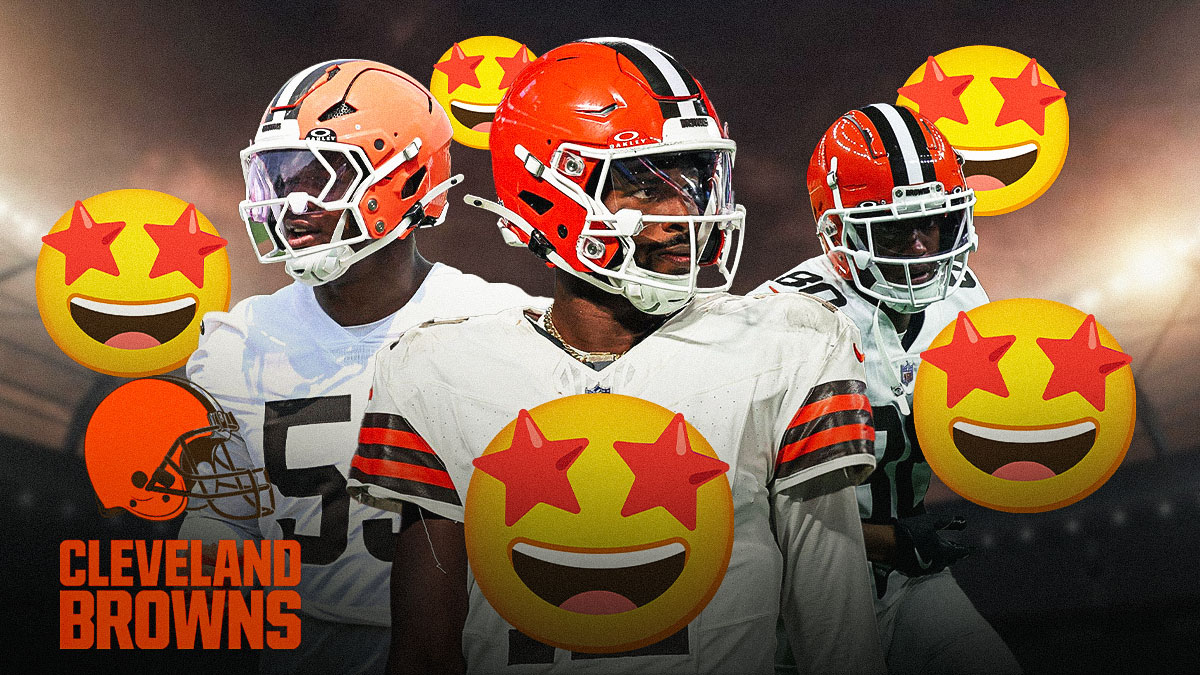 Shedeur Sanders in the middle with 😵 emojis around him, Cleveland Browns logo in the background