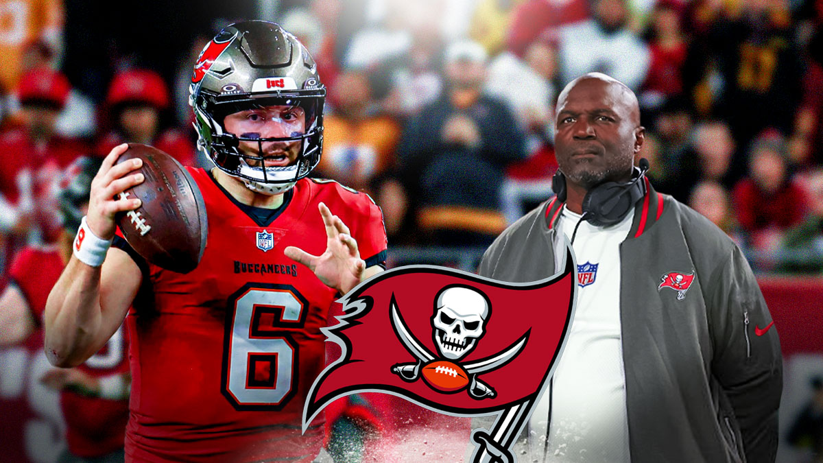 IMAGE: Tampa Bay Buccaneers logo in center, Tampa Bay Buccaneers quarterback Baker Mayfield on left side, Tampa Bay Buccaneers head coach Todd Bowles on right side, Raymond James Stadium (home field of the Tampa Bay Buccaneers) in background