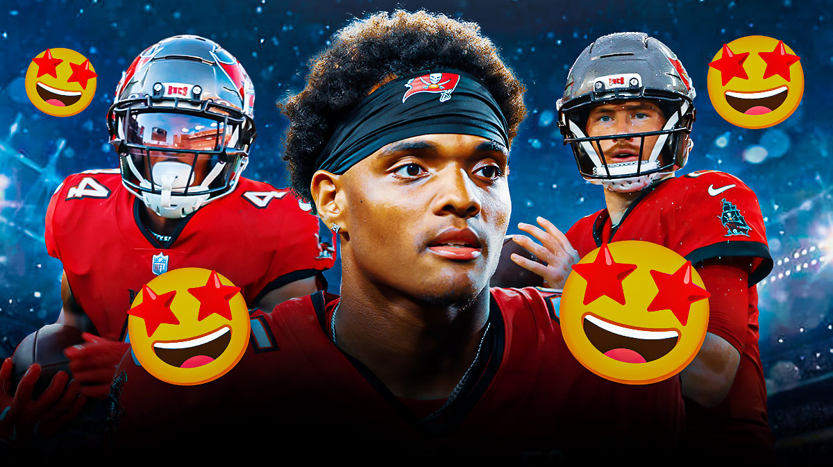 Jacob Parrish, Sean Tucker, Kyle Trask all beside each other, 🤩 emojis around them, Tampa Bay Buccaneers logo in the background