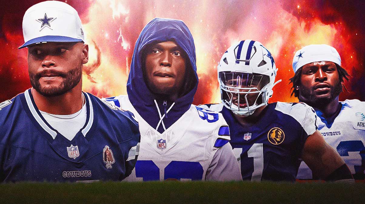 Dak Prescott, Javonte Williams, CeeDee Lamb, Micah Parsons all beside each other, Explosions in the background