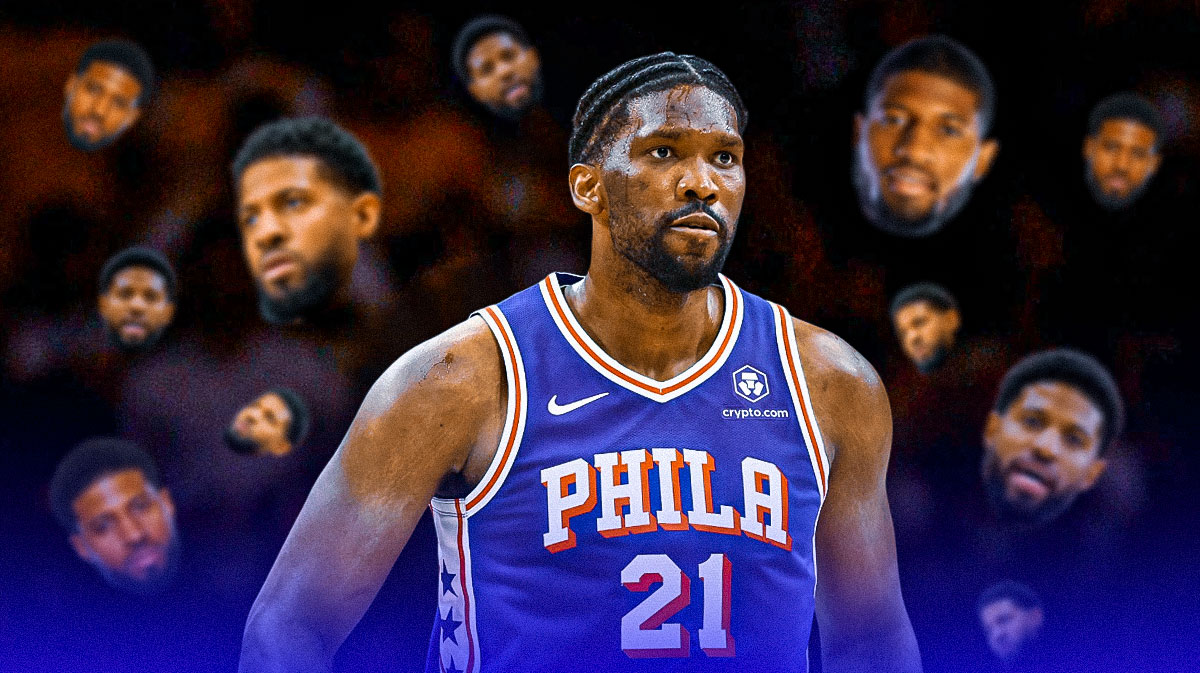 76ers' Joel Embiid looking sad in the middle, with many head cutouts (head only, different facial expressions) of Paul George all over Embiid
