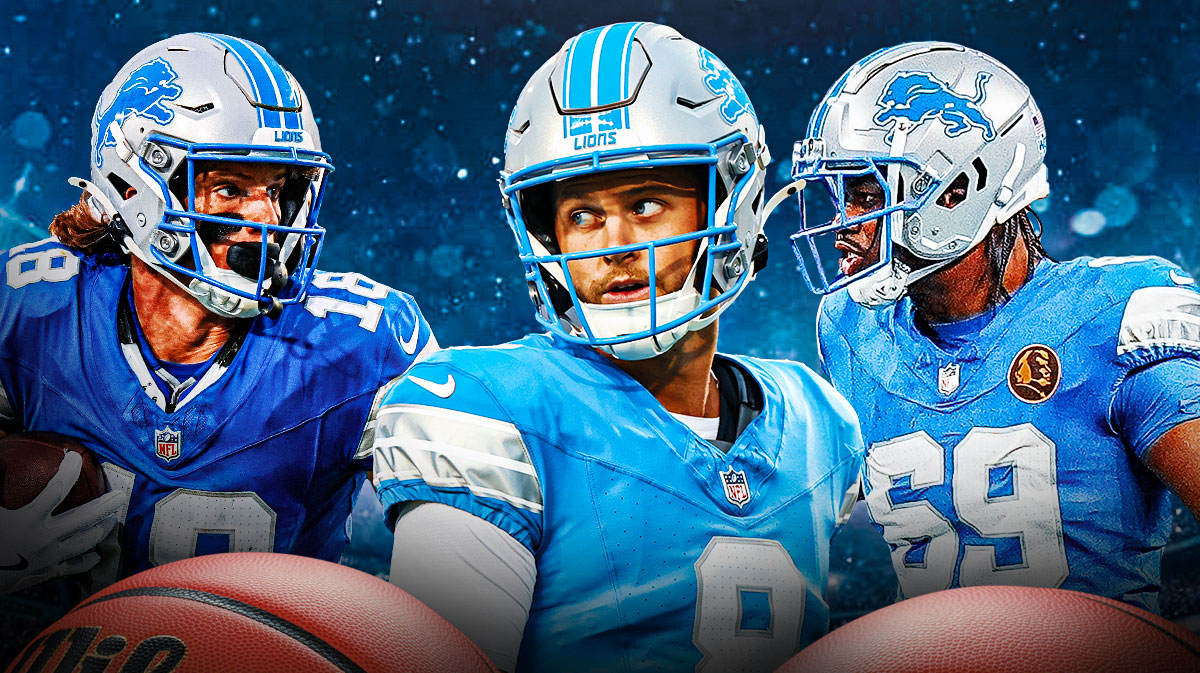Isaac TeSlaa, Kyle Allen, Al-Quadin Muhammad all beside each other, 🤩 emojis around them, Detroit Lions logo in the background