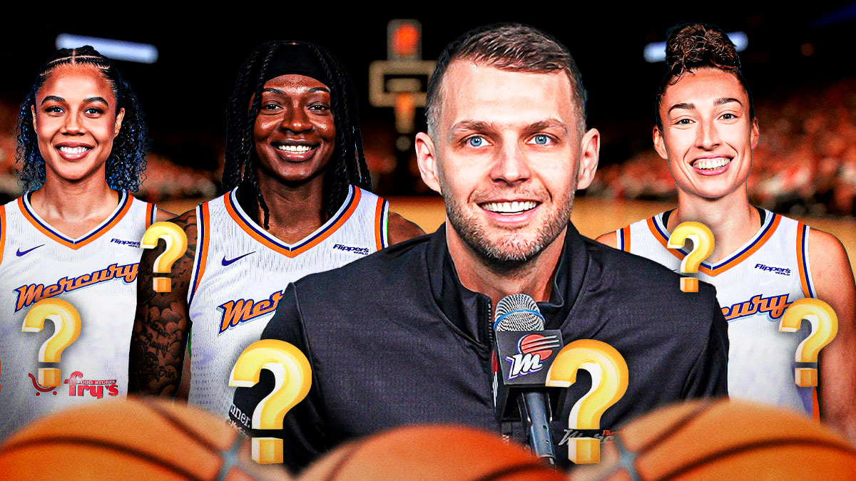 Phoenix Mercury General manager Nick Uran, smiling with Jessica Shepherd, in a Mercury jersey, Erica Wheeler in a Mercury jersey, and Nia Coffey in a Phoenix Mercury jersey. There are also question marks around the image as well.