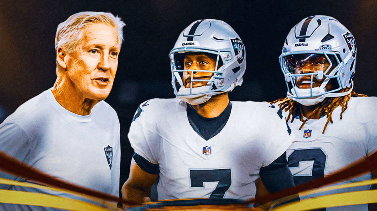Las Vegas Raiders head coach Pete Carroll with QB Geno Smith and RB Ashton Jeanty.