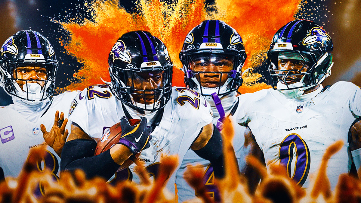 Lamar Jackson, Derrick Henry, Zay Flowers, Roquan Smith all beside each other, Explosions in the background