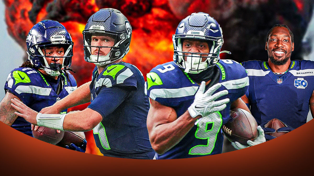 Sam Darnold, Kenneth Walker III, Jaxon Smith-Njigba, DeMarcus Lawrence all beside each other, Explosions in the background