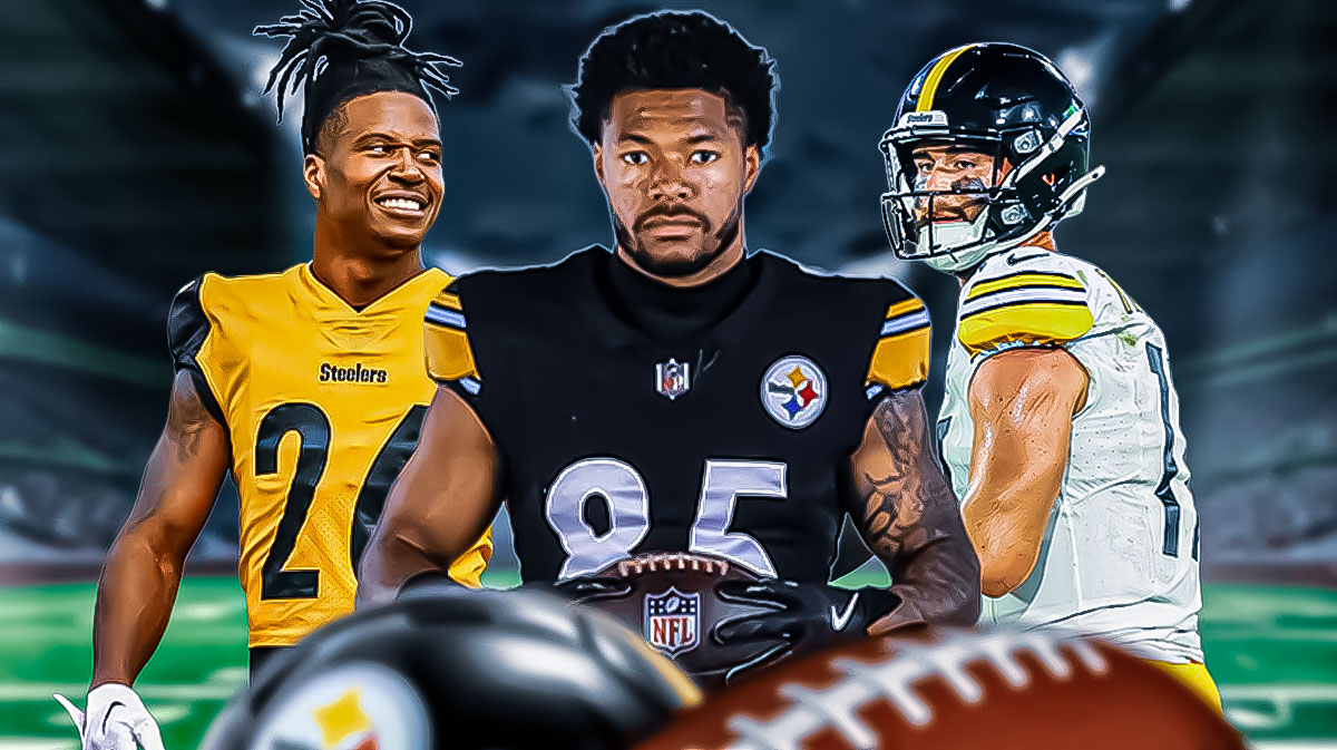 Brandin Echols, Ke’Shawn Williams, Skylar Thompson all beside each other, 🤩 emojis around them, Pittsburgh Steelers logo in the background