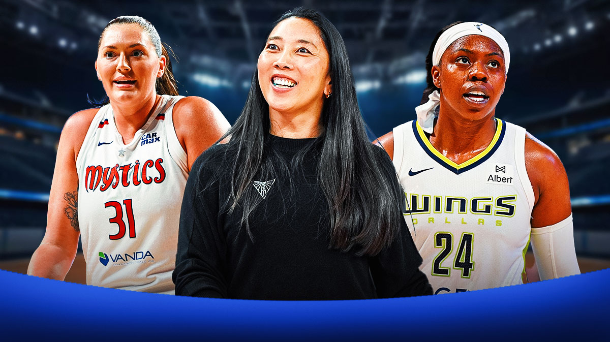 Valkyries coach Natalie Nakase (front, center) with Wings G Arike Ogunbowale and Mystics C Stefanie Dolson behind her. Golden State Valkyries logo in background